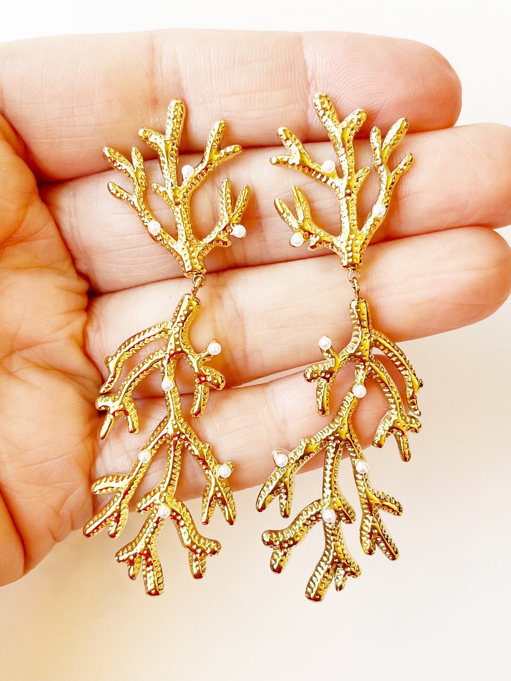 gold and pearl long earrings