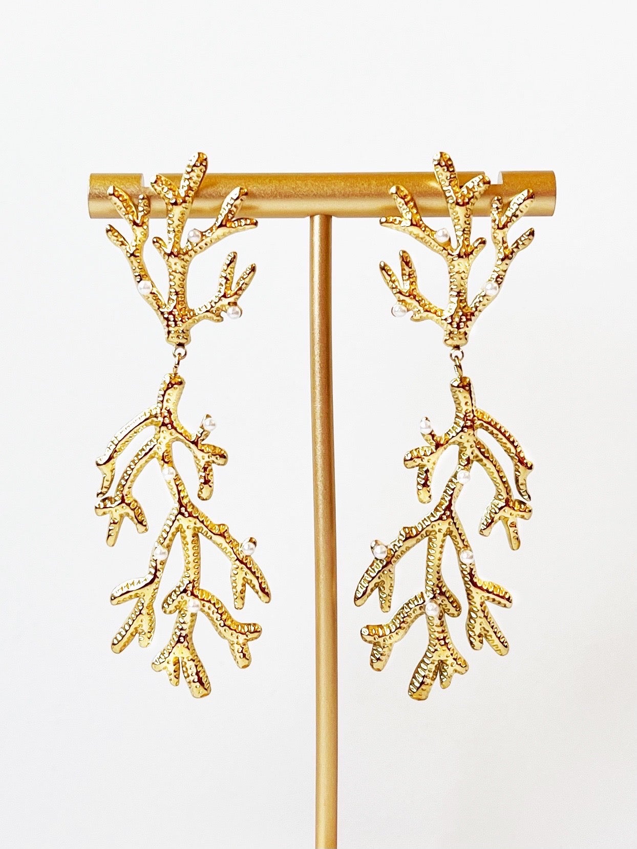 gold and coral earrings with pearls