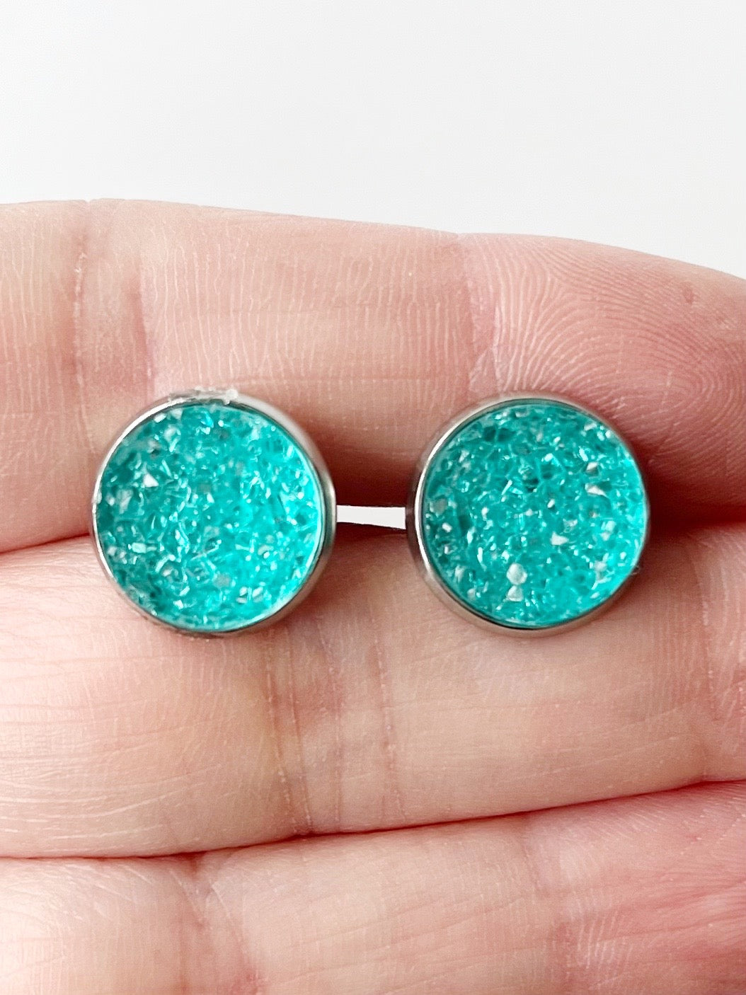 aqua druzy womens stud earrings on hand