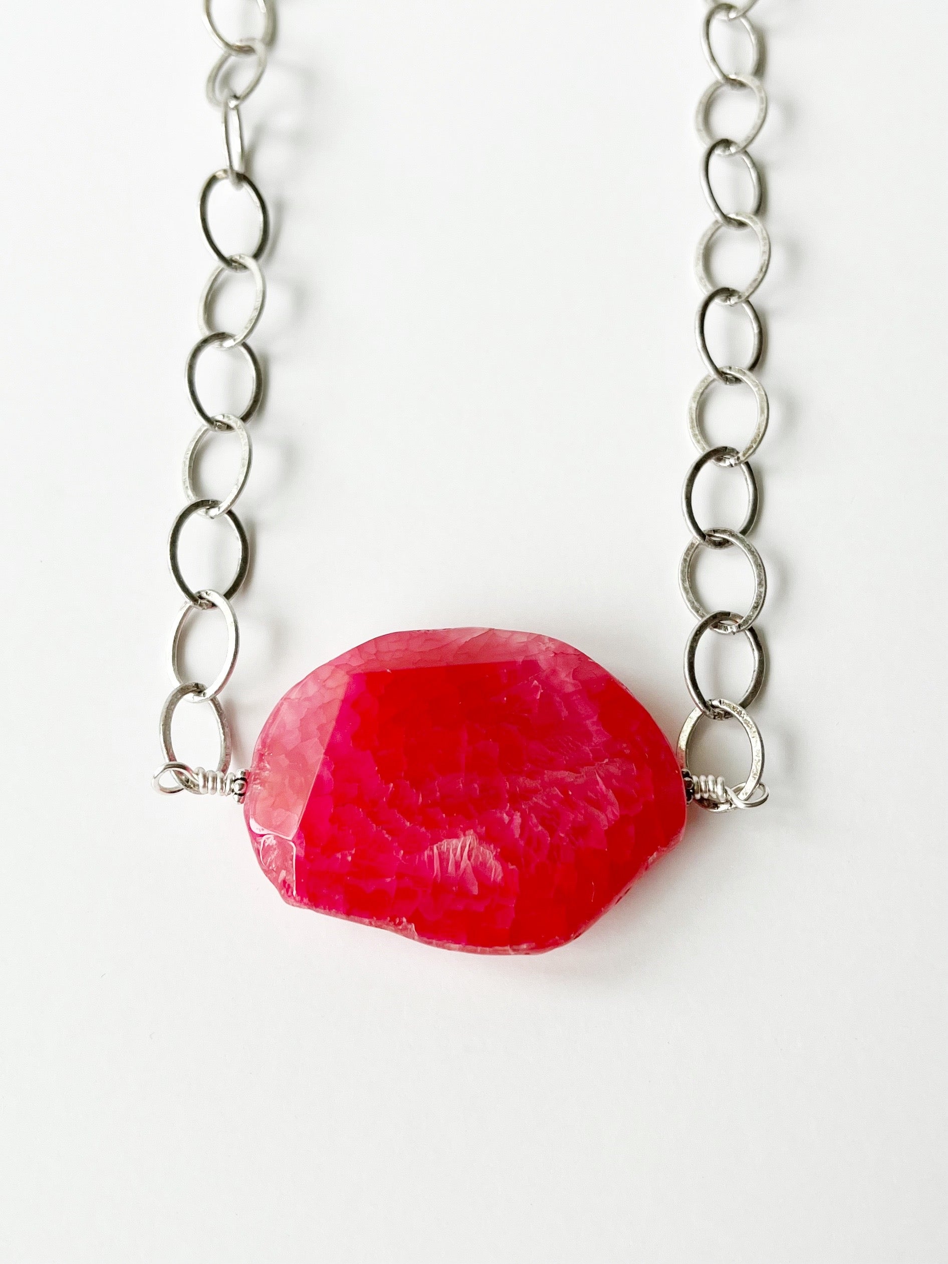 pink agate silver statement necklace