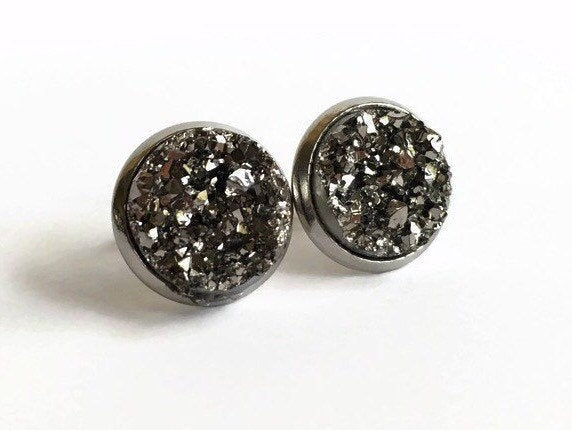 Gunmetal resin druzy stone stud earring set in a silver color setting