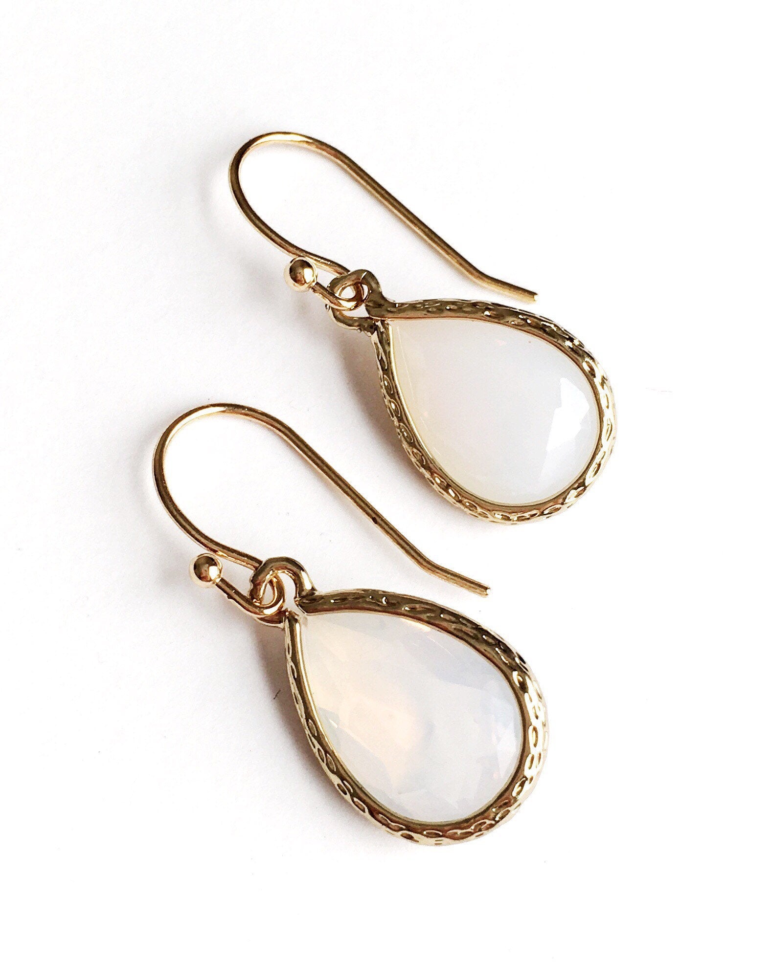 white opal and gold teardrop earrings