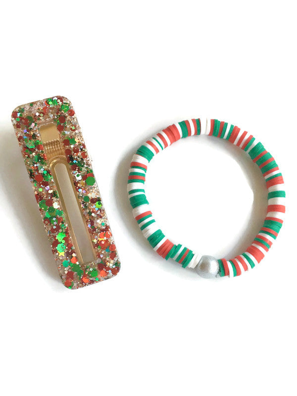 Red, white, and green confetti bracelet and resin sparkle hair clip