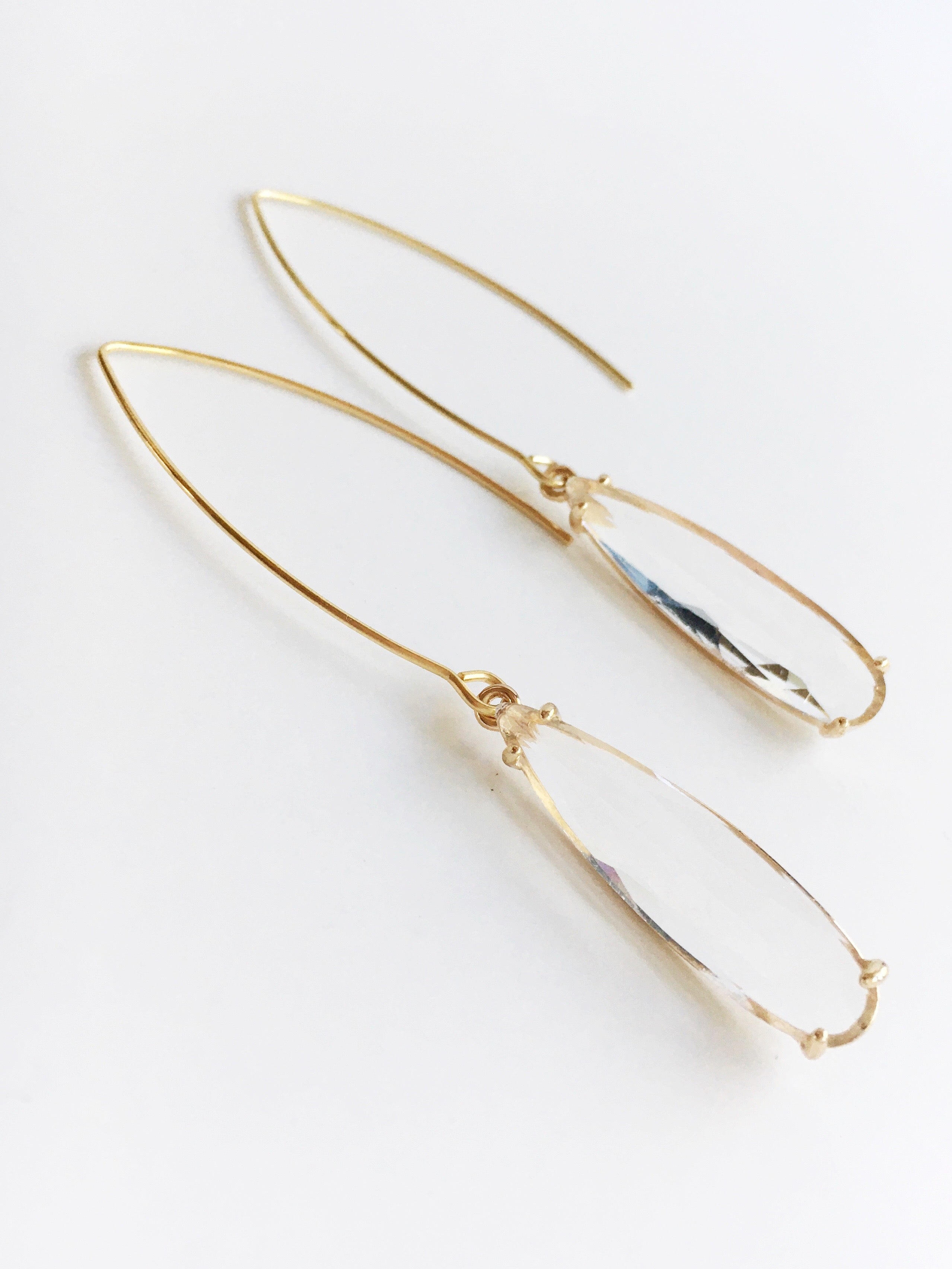 Crystal clear Glass Teardrop and Gold Long Dangle Earrings