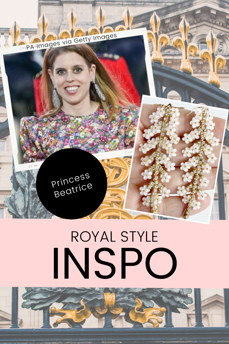 photo of princess wearing white and gold statement earrings and photo of long white and gold statement earrings with text that reads - royal style inspo