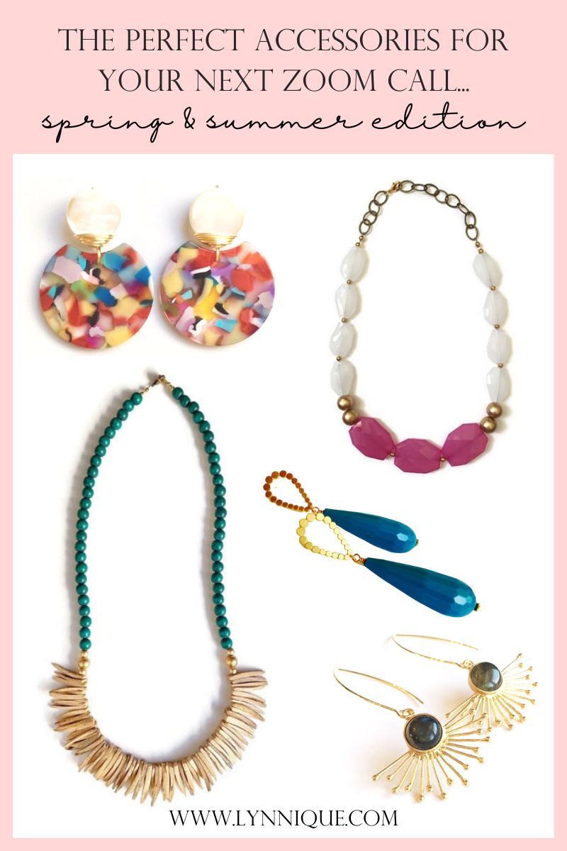 text that reads - the perfect accessories for your next zoom call, spring and summer edition. image of 3 pairs of long gold earrings and two colorful statement necklaces