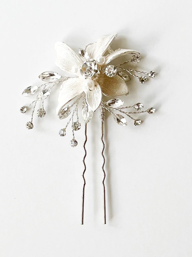 flower and crystal bridal hair pin