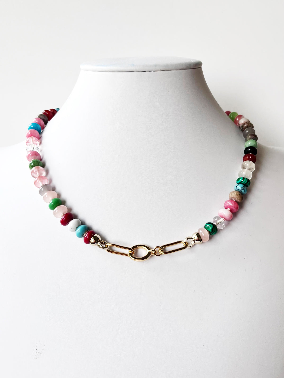 hand knotted gemstone necklace with gold clasp
