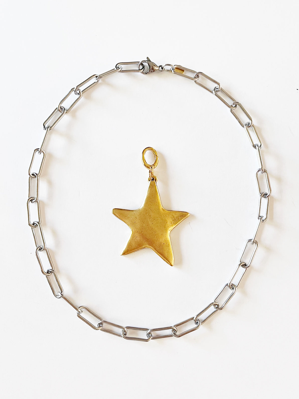 Silver Paperclip Chain Necklace with Gold Hammered Star Pendant