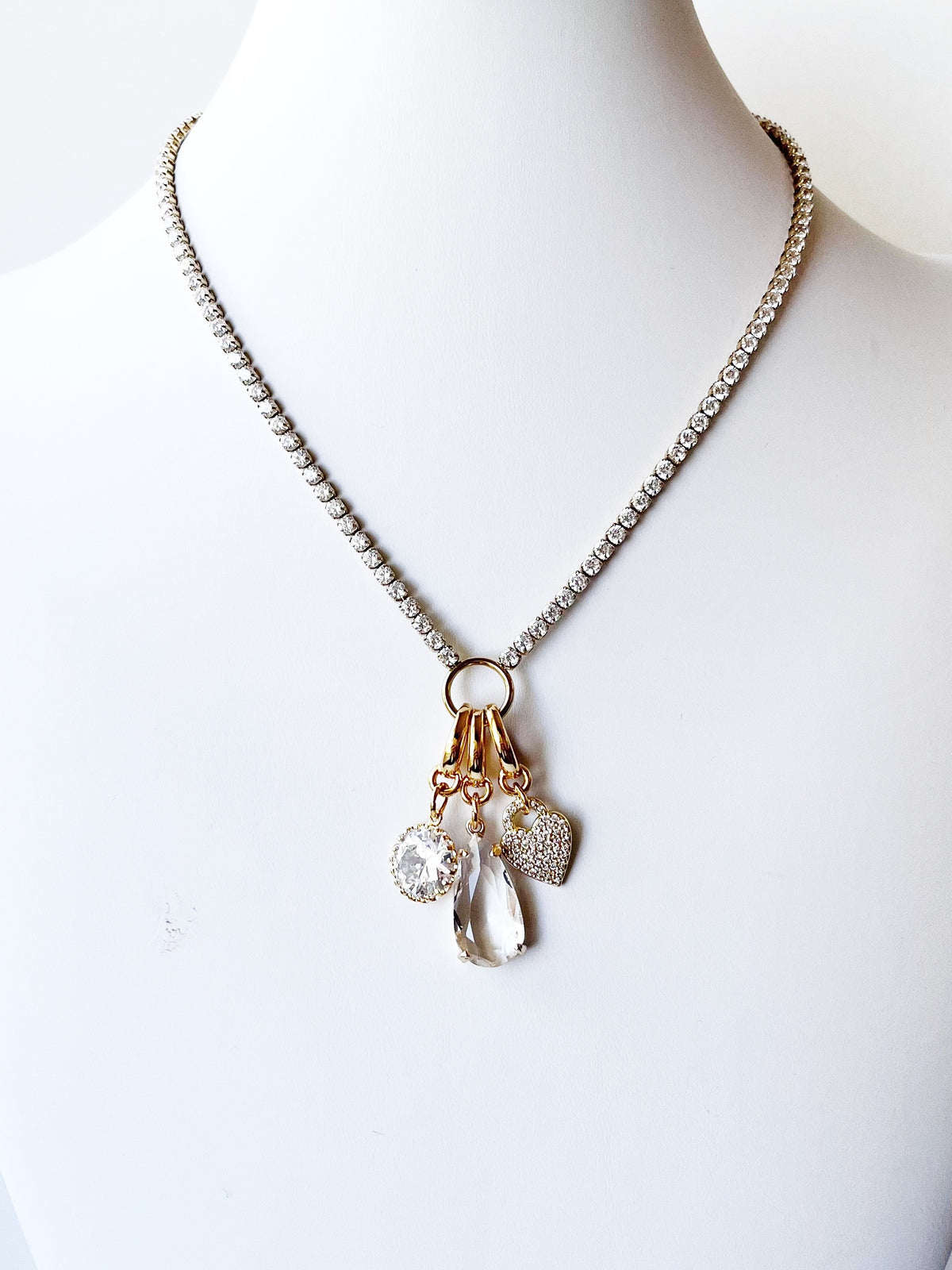Crystal Tennis Necklace with Three Charms