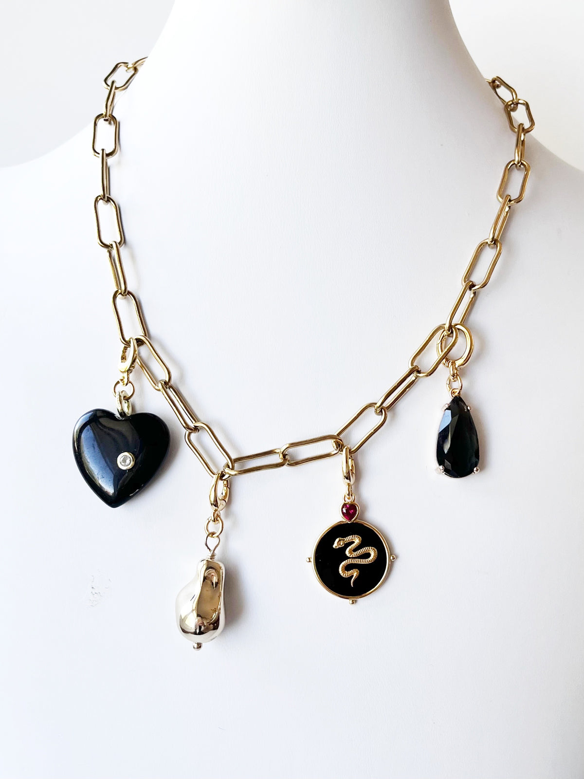Gold Necklace with Black Charms