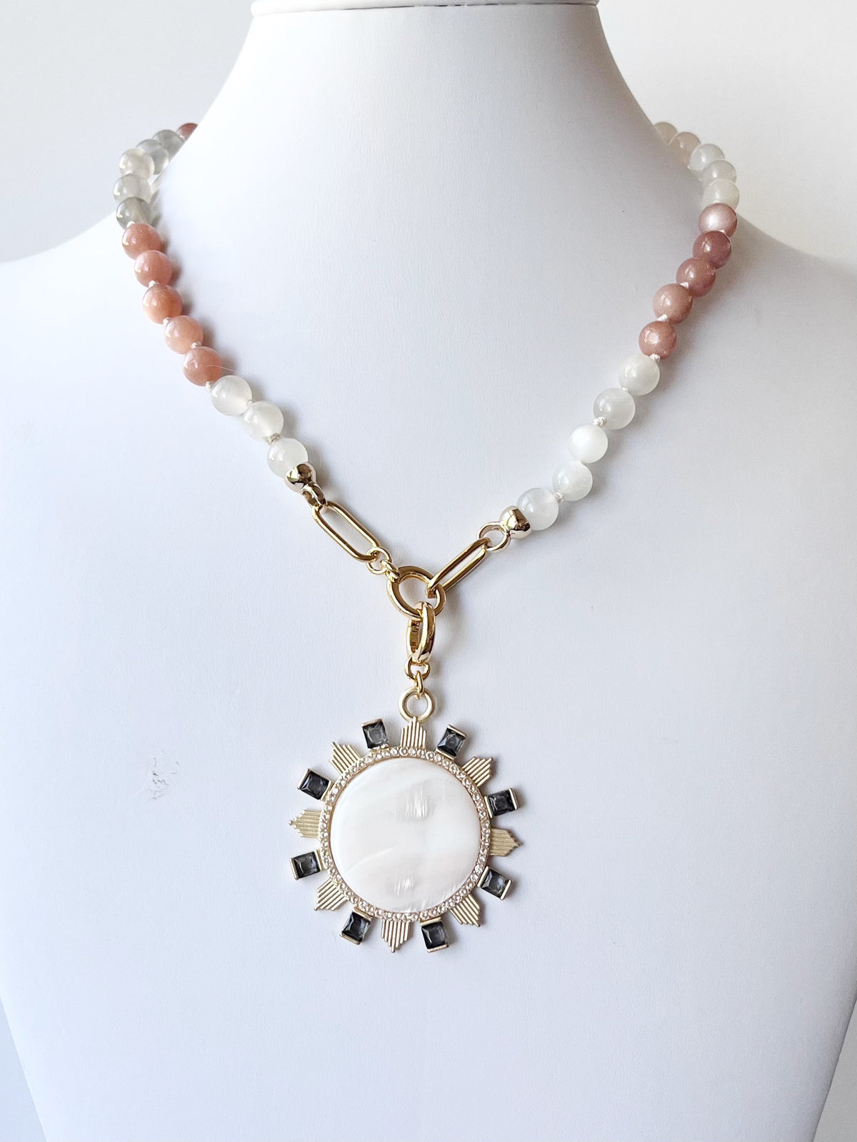 Moonstone Beaded Necklace with Mother of Pearl Pendant