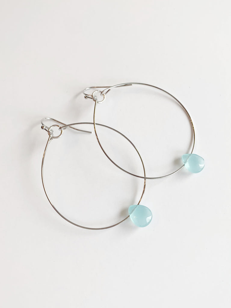 silver hoop earrings with sea quartz accent bead