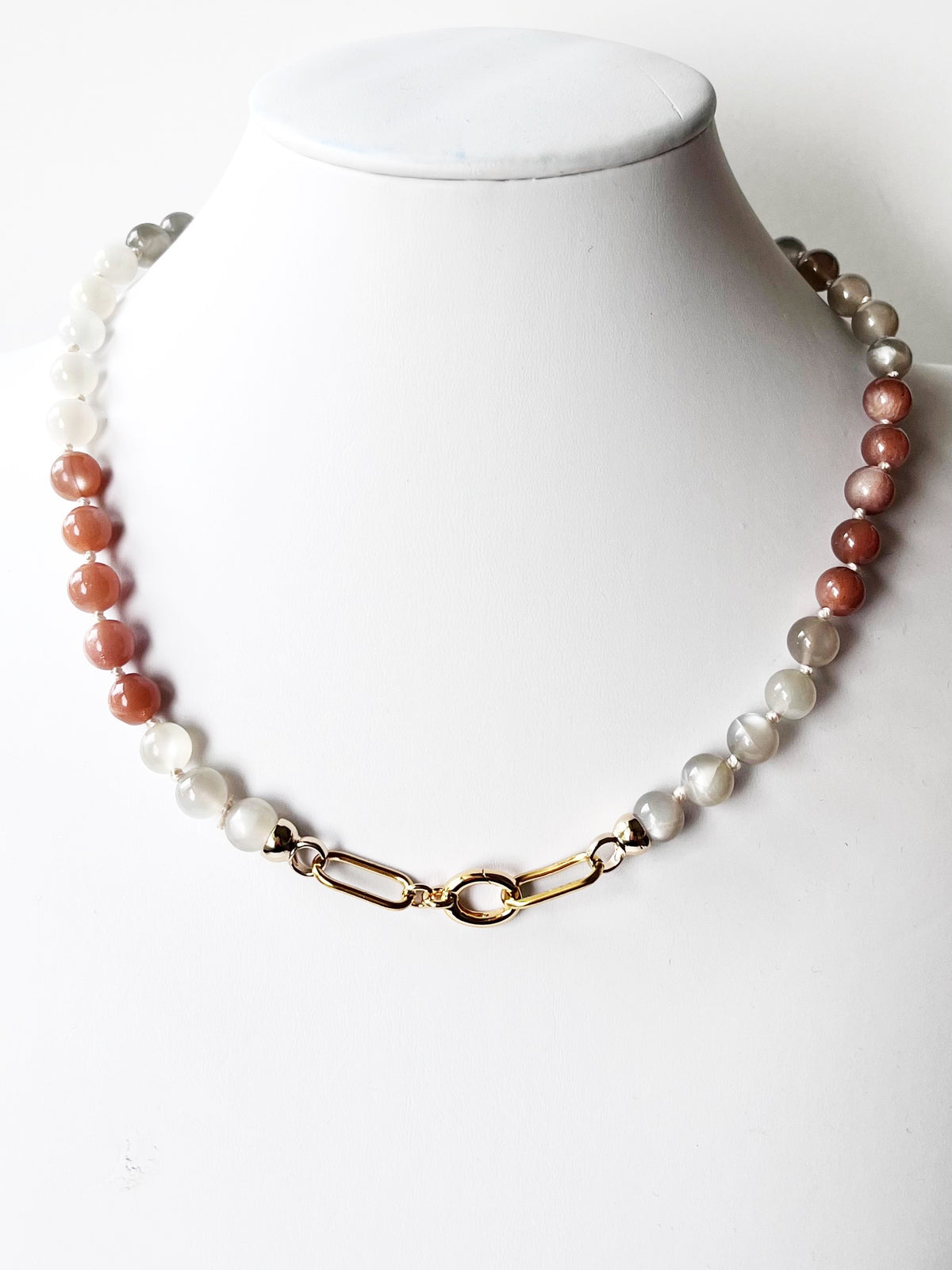 moonstone beaded necklace with gold clasp in front