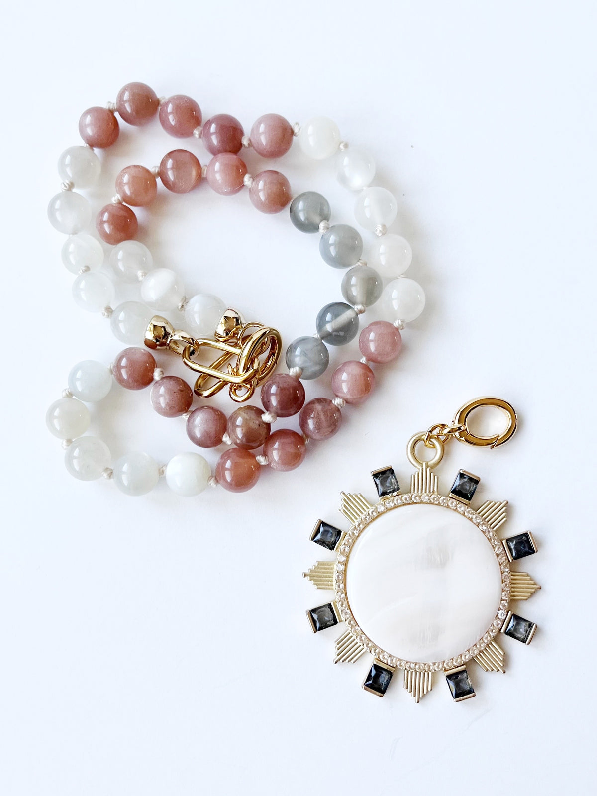 Moonstone Beaded Necklace with Mother of Pearl Pendant