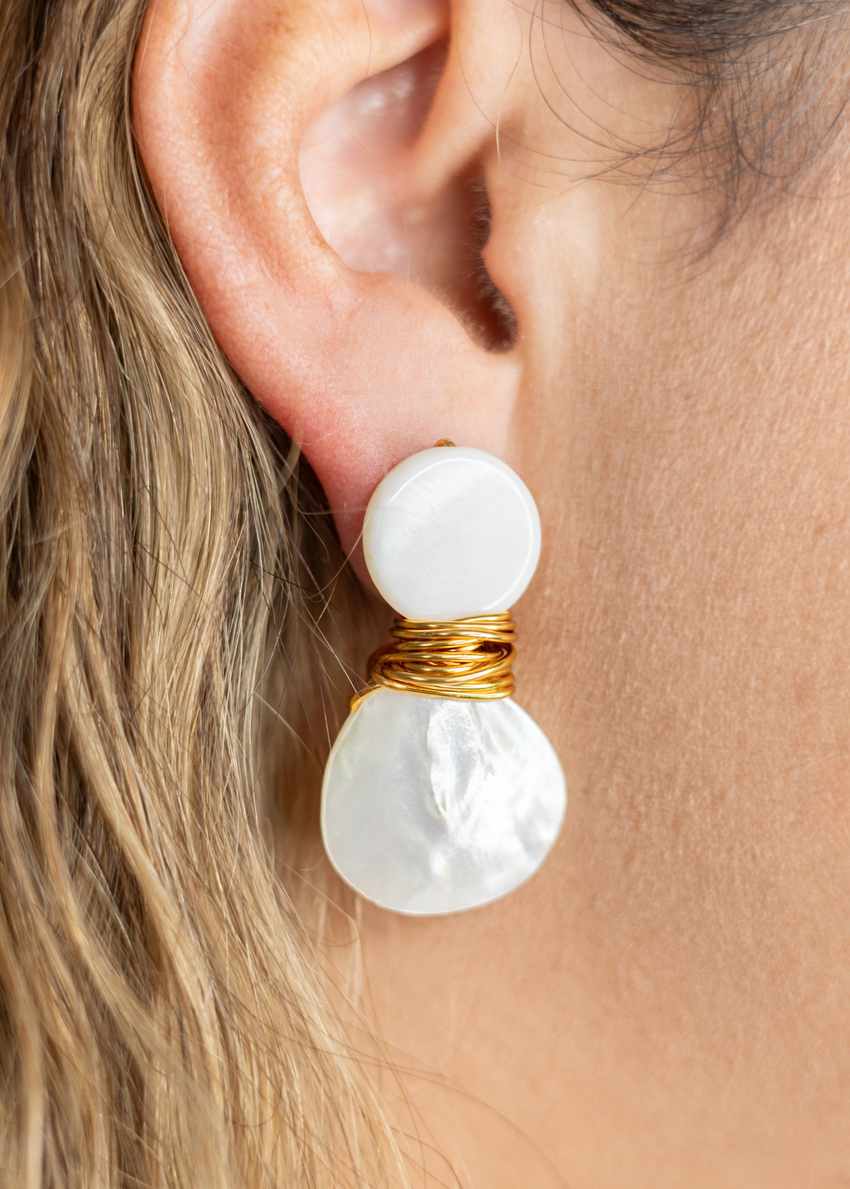 mother of pearl earrings with gold wire wrapping