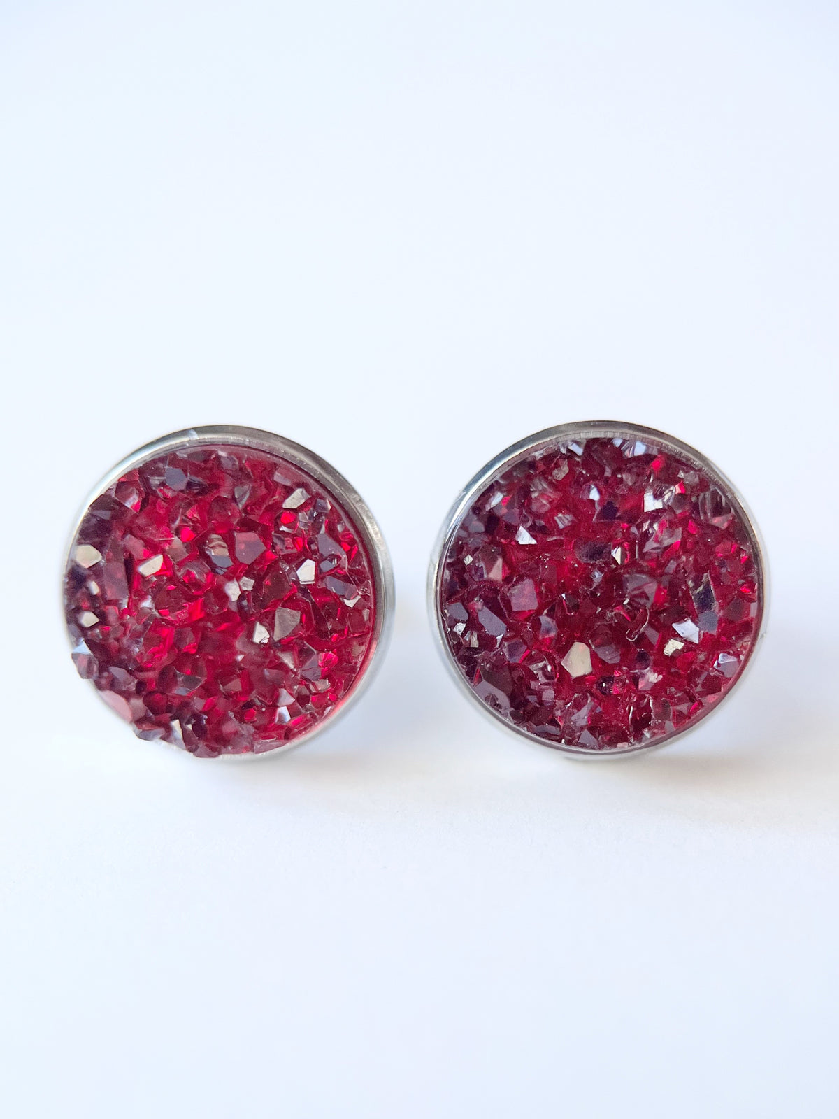 Red Druzy Stud Earrings