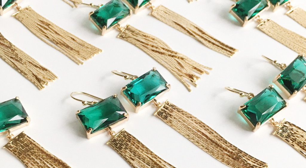 emerald green glass stone with gold tassel dangle earrings
