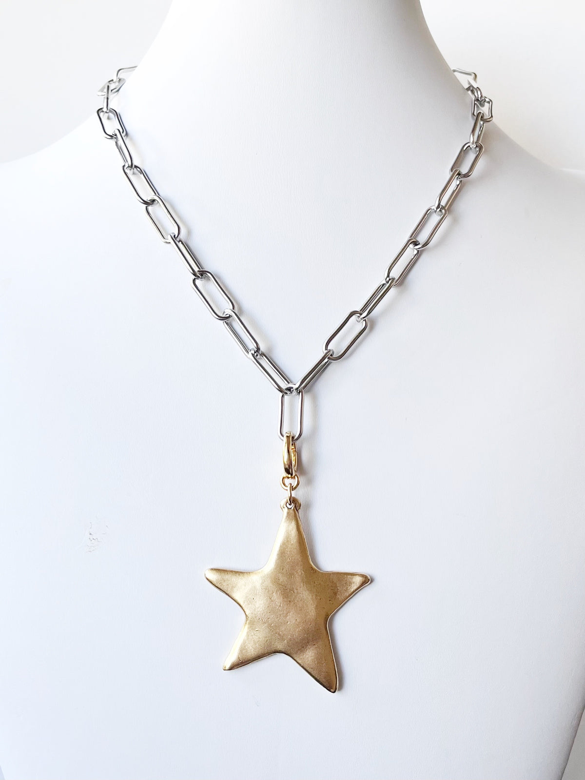Silver Paperclip Chain Necklace with Gold Hammered Star Pendant