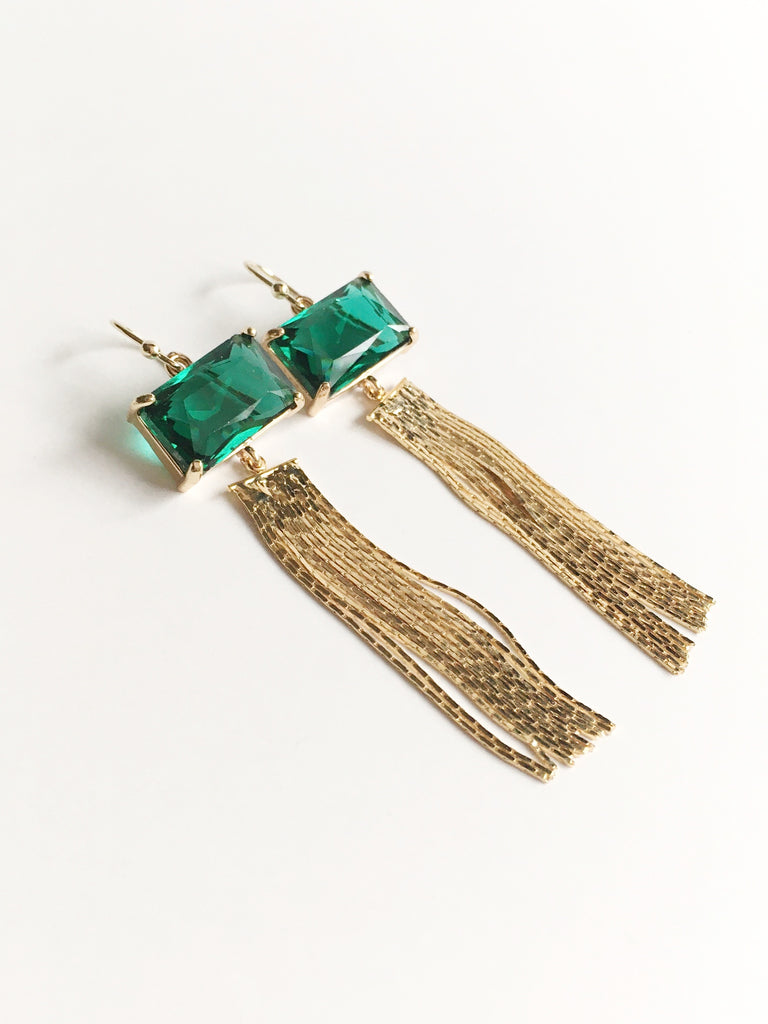 Emerald Green and Gold Tassel Dangle Earrings