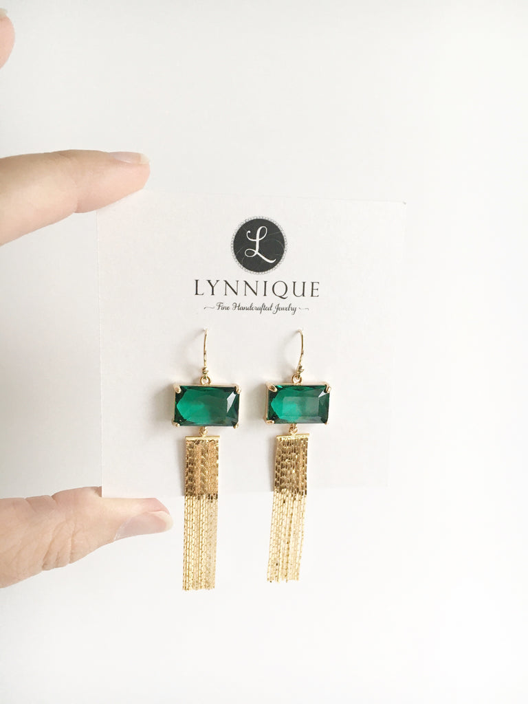 Emerald Green and Gold Tassel Dangle Earrings on display card