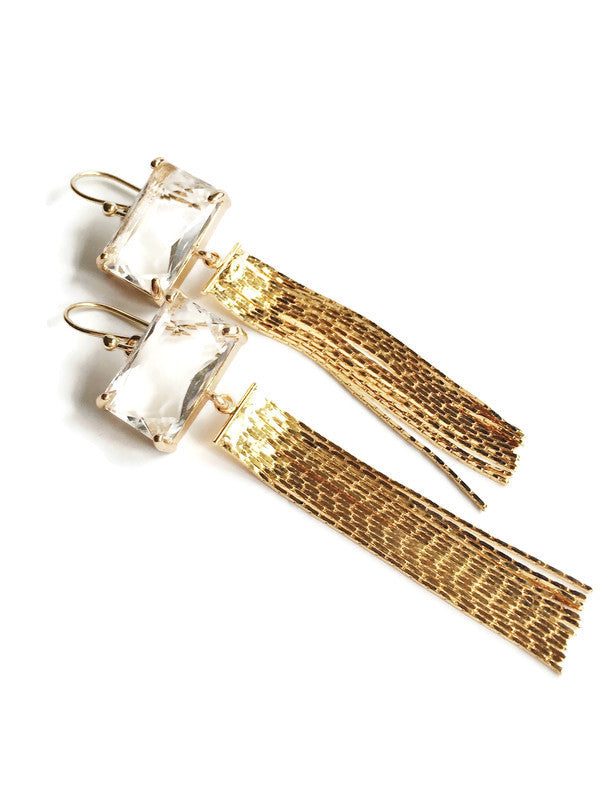 Gold and clear crystal tassel drop earring