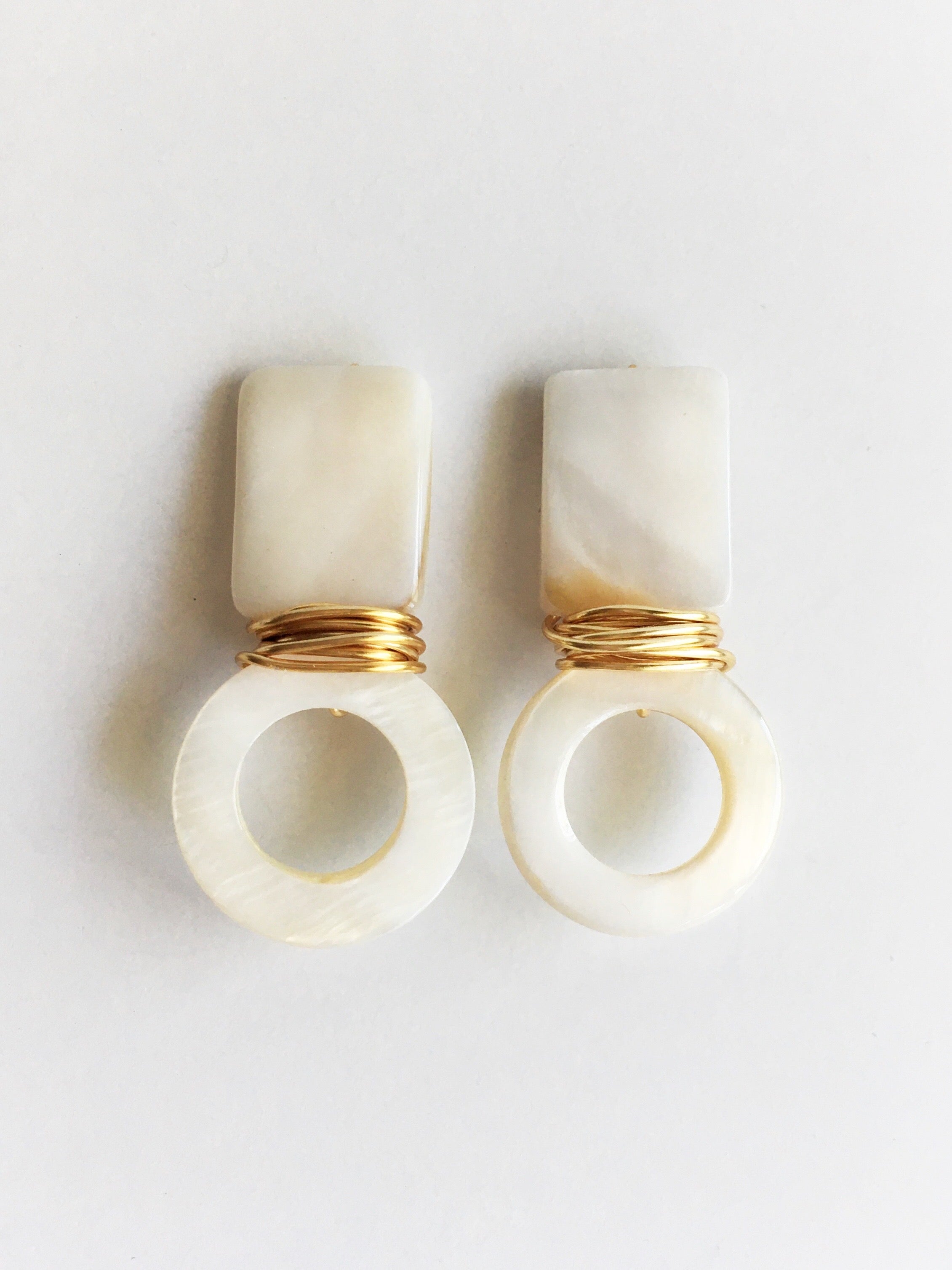 Rectangle pearl stud with round pearl shell earrings with wrapped gold plated wire.