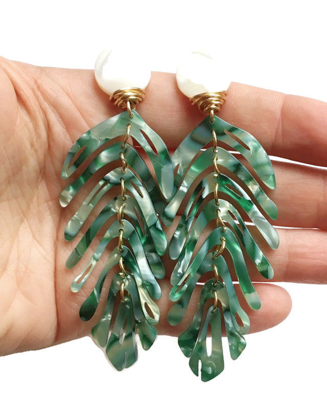 green palm leaf earrings