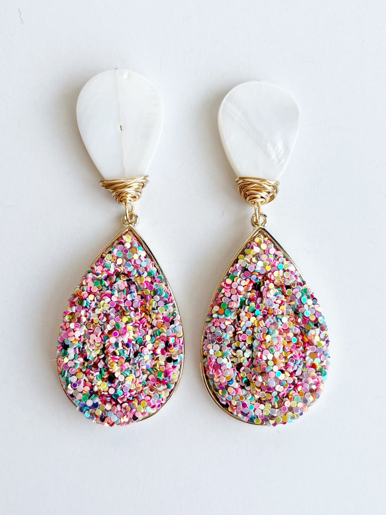 Rainbow Glitter Sparkle Teardrop Earrings with mother of pearl teardrops studs.