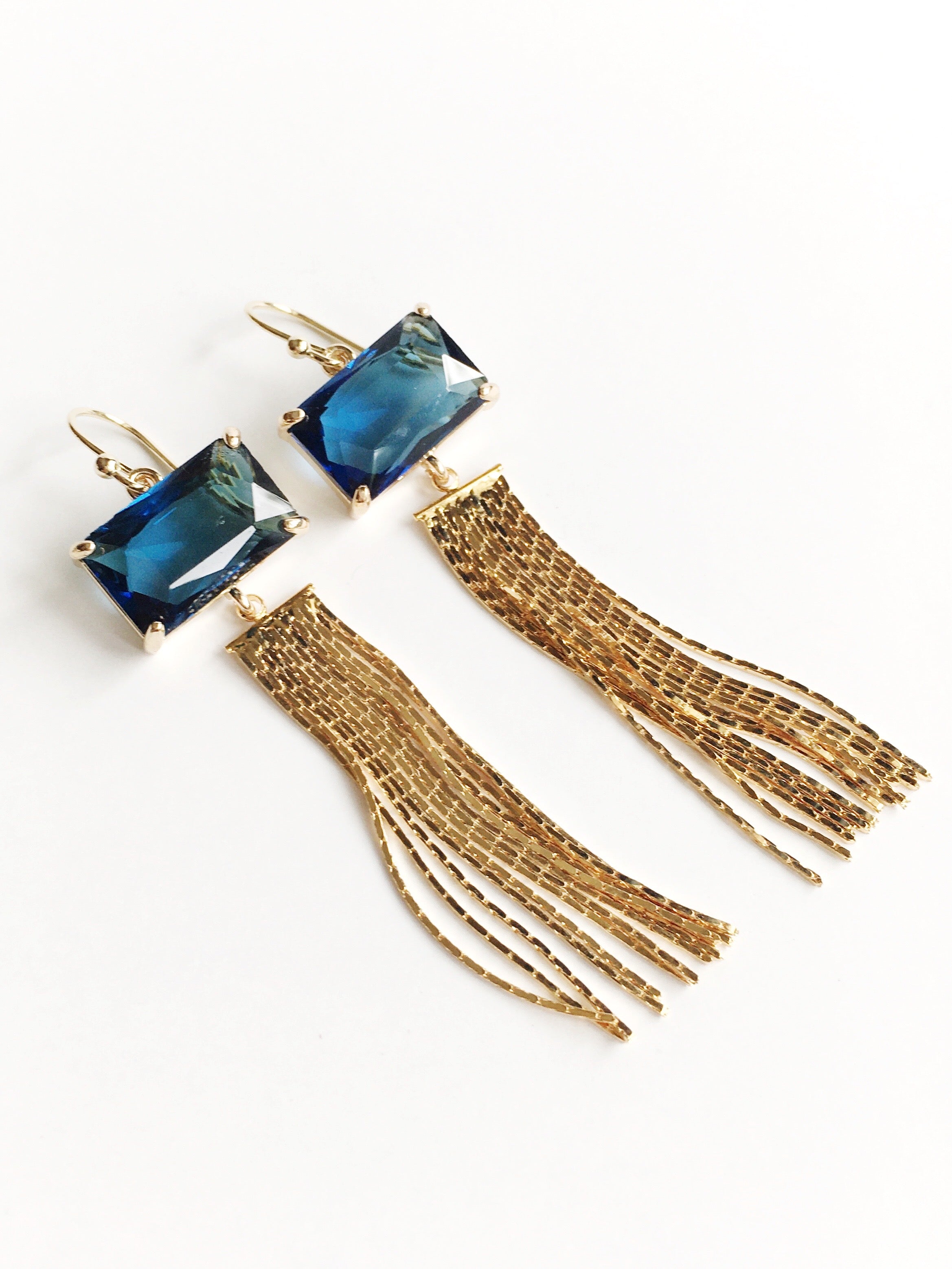 Sapphire Navy Blue and Gold Tassel Dangle Earrings
