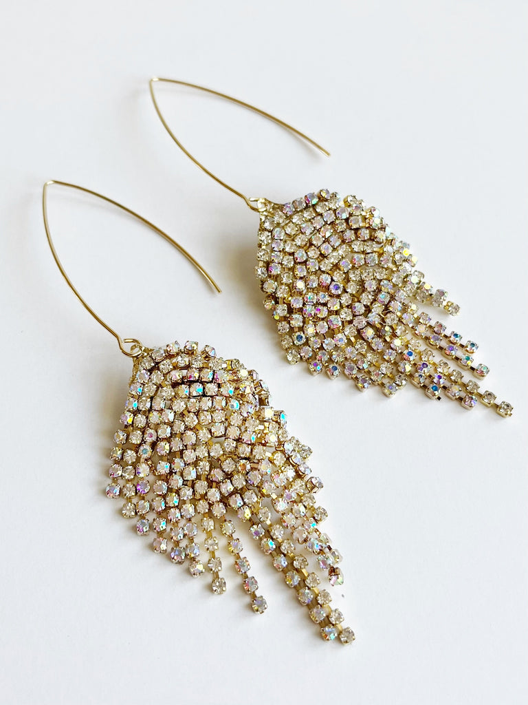 Crystal and Gold Statement Tassel Threader Earrings