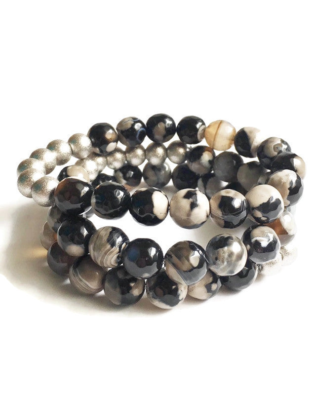Three Black and Gray Agate with Silver Stacking Beaded Stretch Bracelets stacked.