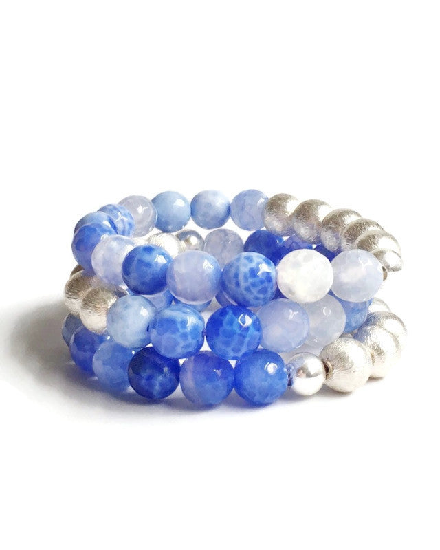 Three White and Blue Lace Agate and Silver Stacking Beaded Bracelets stacked