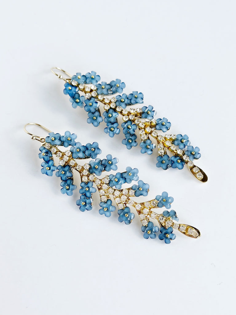 gold leaf statement earrings with cubic zirconia and blue glass flowers