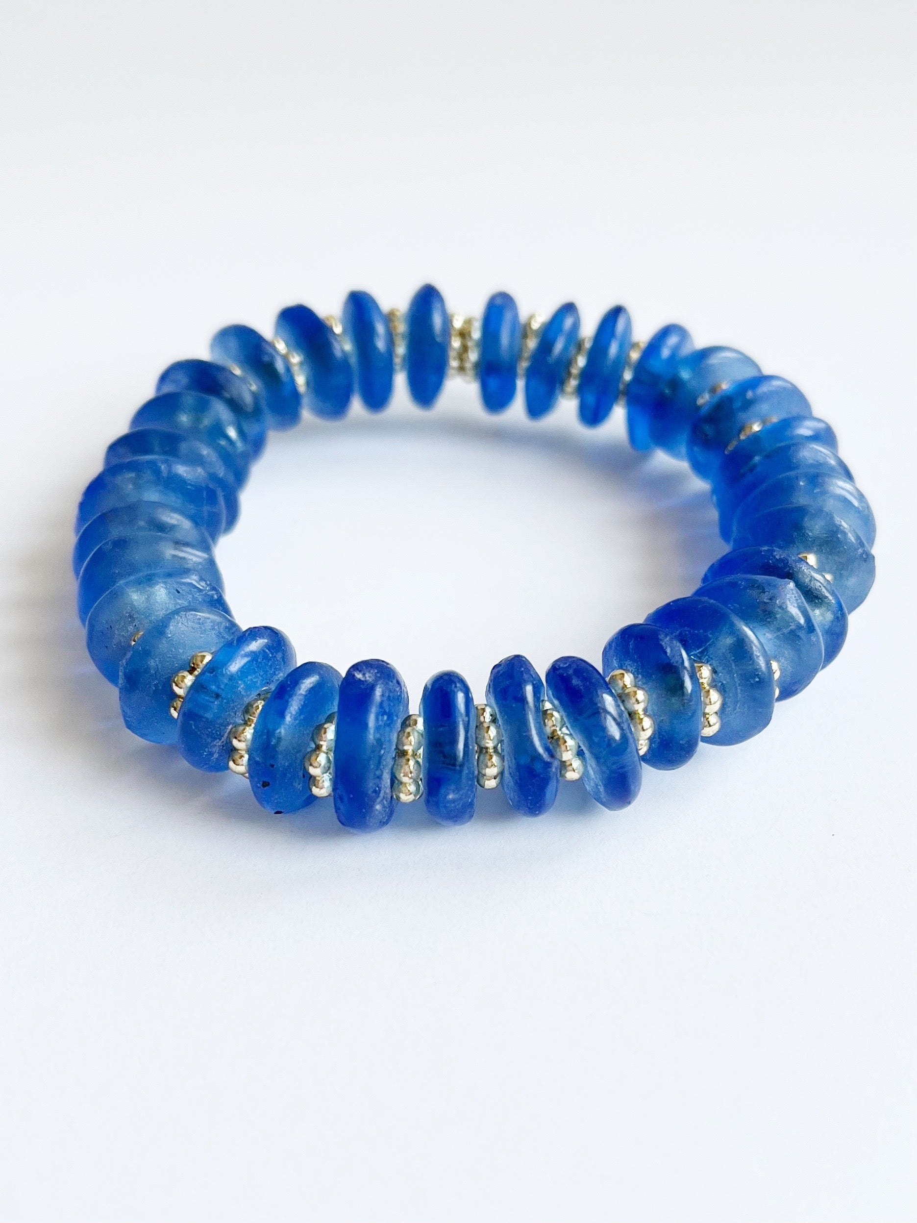 blue recycled glass and yellow gold bead bracelet
