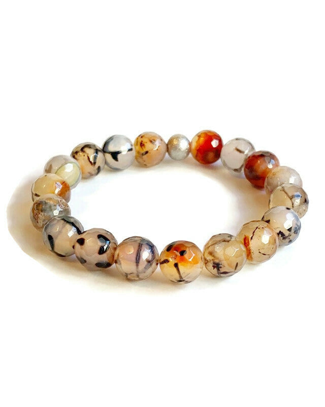 Green Dragon Agate with Silver Stacking Beaded Stretch Bracelets