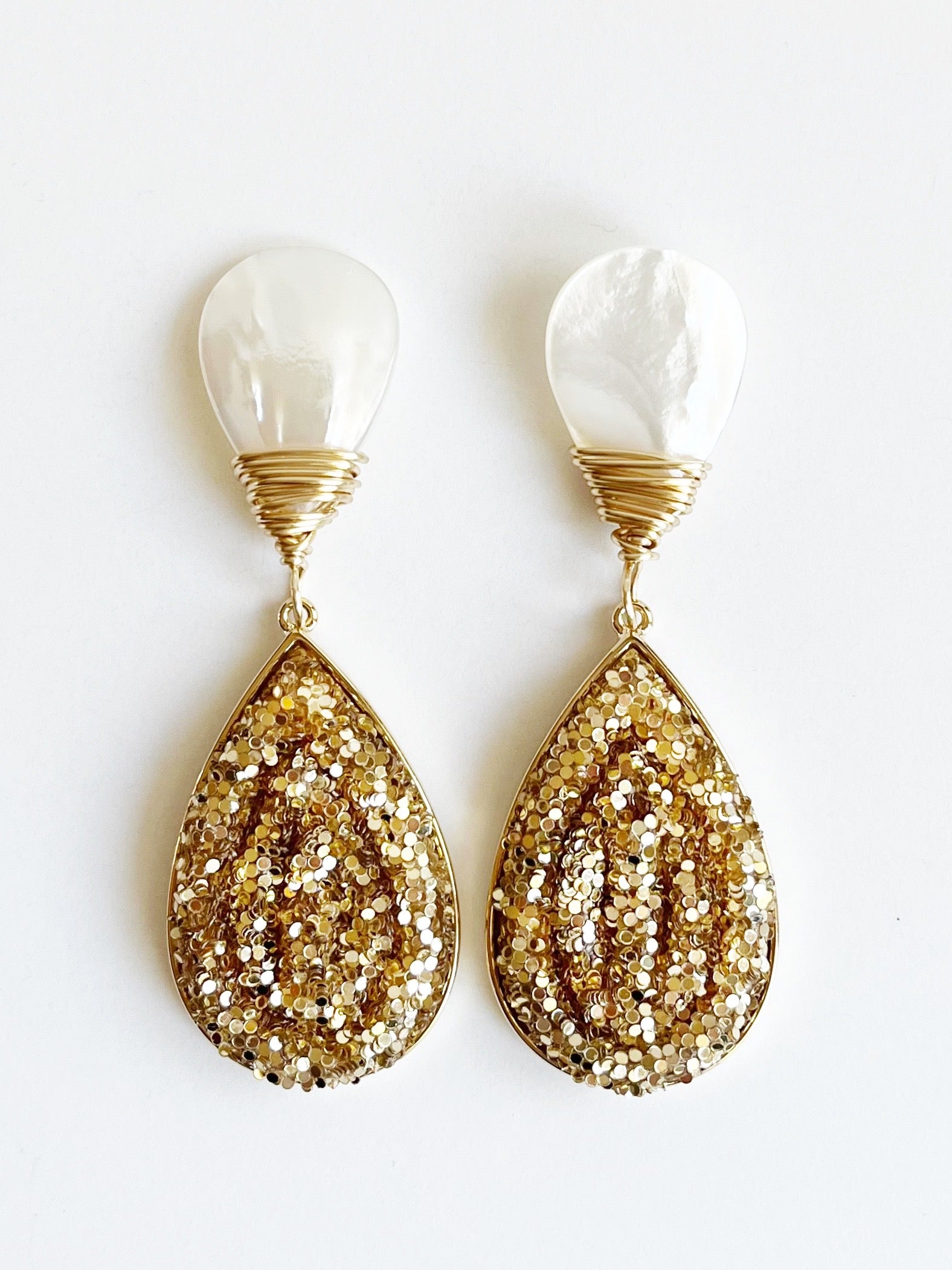gold glitter teardrop earrings with mother of pearl stud