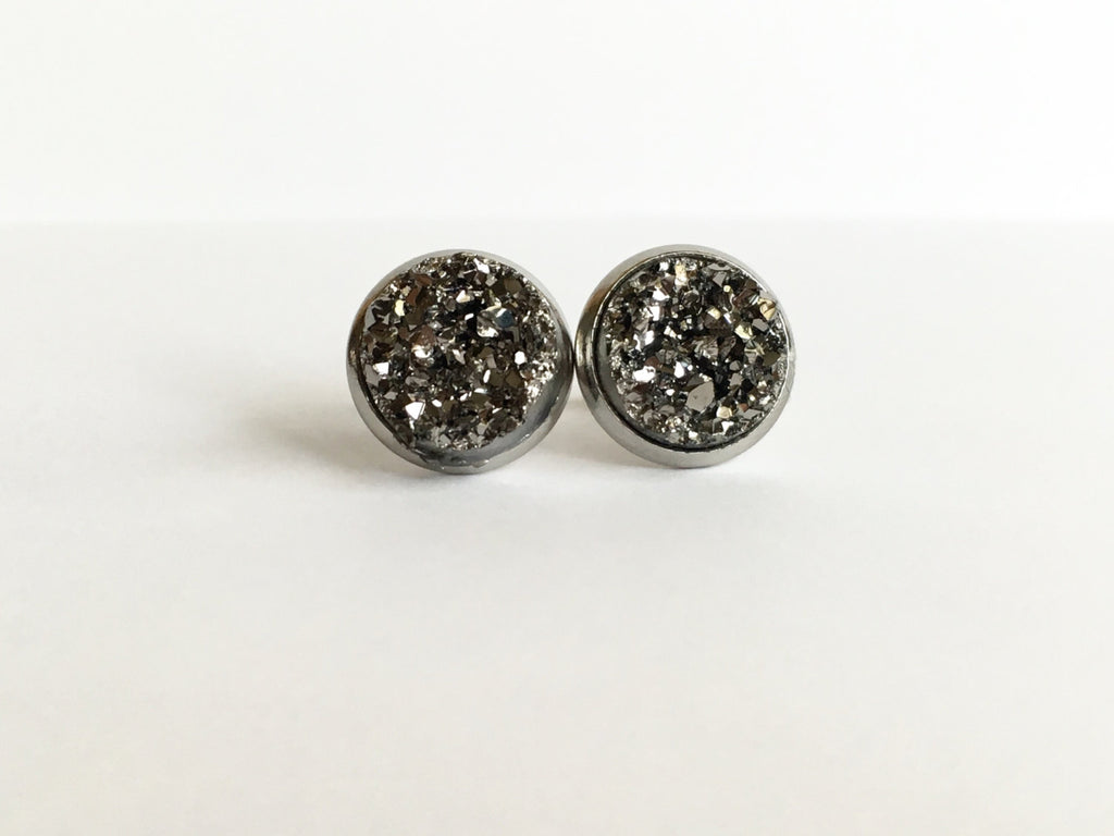 Gunmetal resin druzy stone stud earring set in a silver color setting