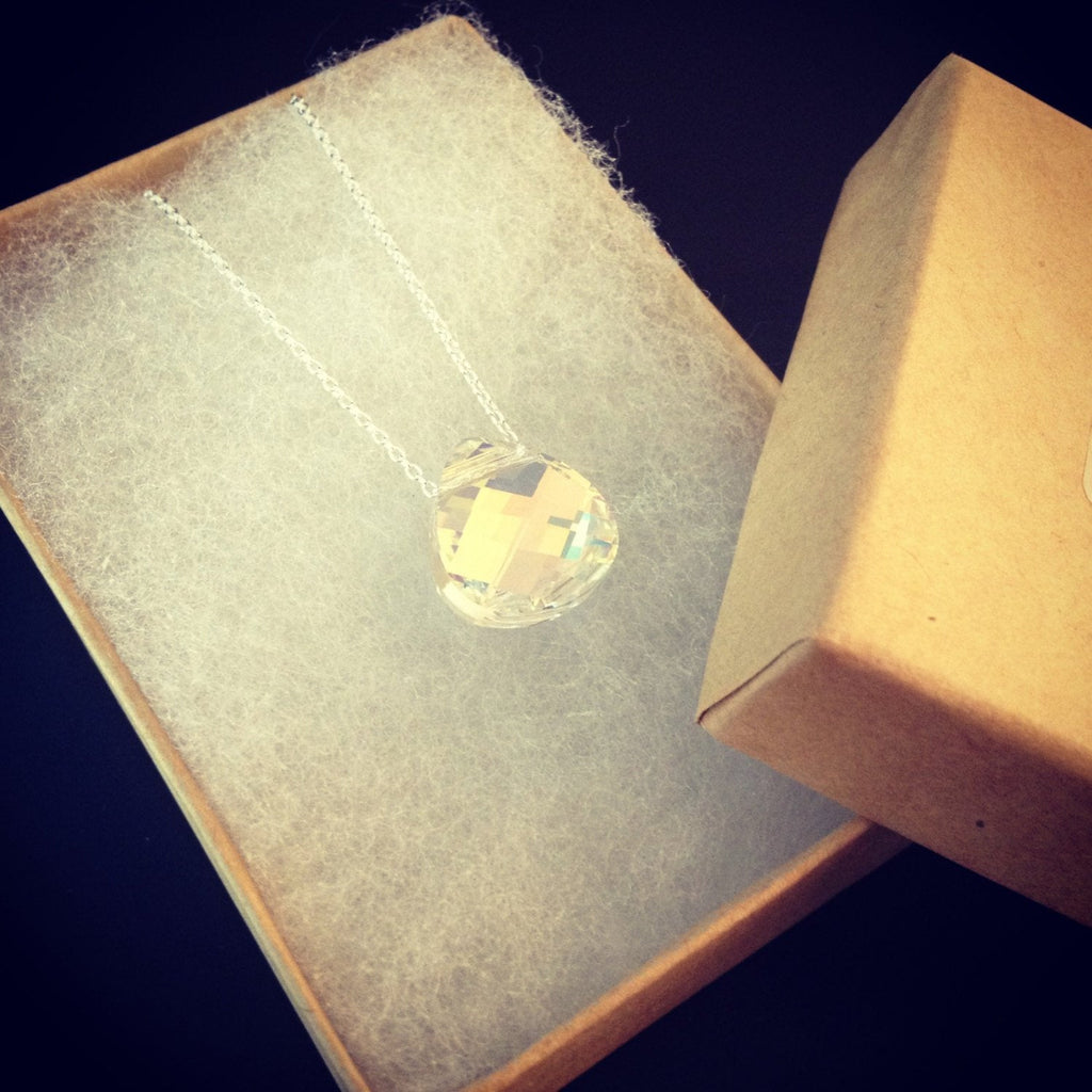 Aurora Borealis Crystal Teardrop Pendant Necklace with rose gold chain in gift box.
