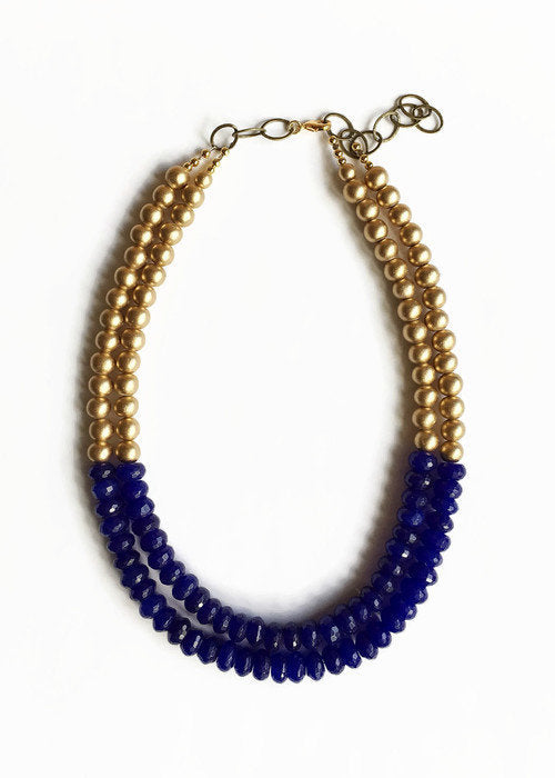 Blue Jade and Gold Two Strand Statement Necklace