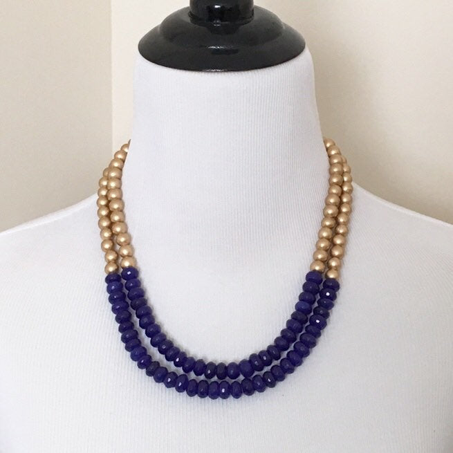 Mannequin wearing Blue Jade and Gold Two Strand Statement Necklace