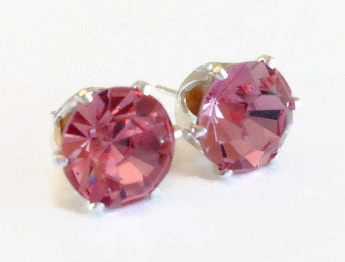 Pink Crystal Stud Earrings in sterling silver setting.