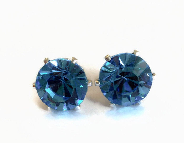 Aquamarine Crystal Stud Earrings in silver setting.