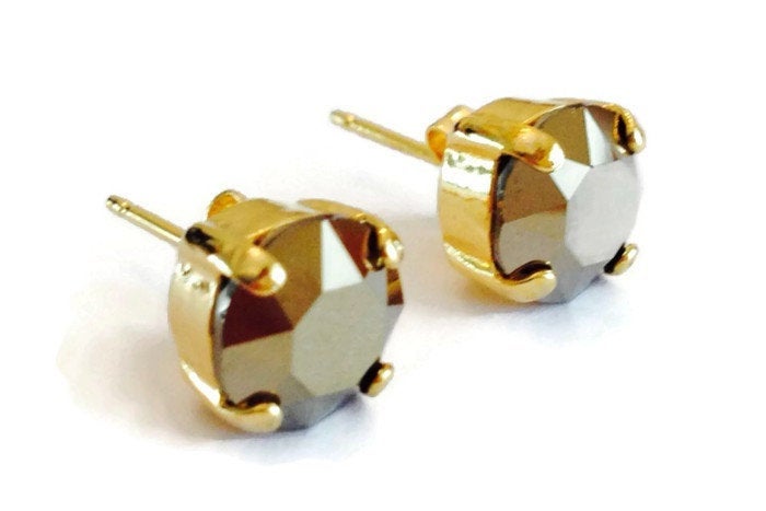 Gold Crystal Stud Earrings in sterling silver setting.