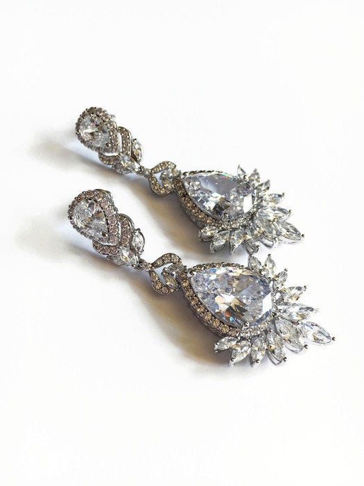 Crystal Cubic zirconia and silver drop earrings. 