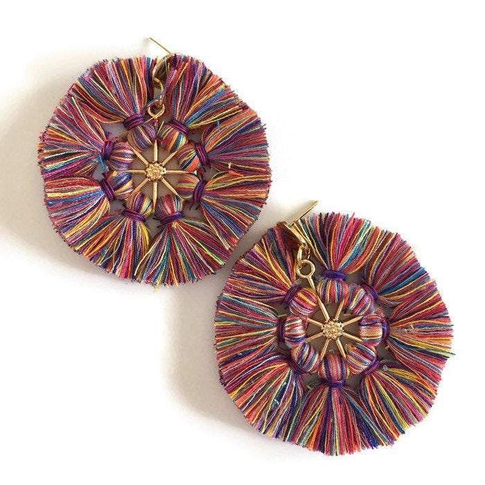 rainbow and gold statement earrings
