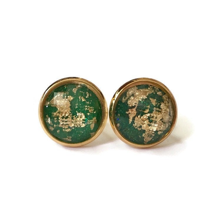 Emerald green with gold leaf resin stone stud earrings in yellow gold color setting.