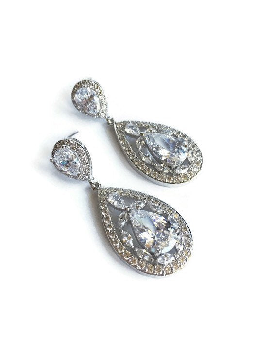 Long Floral Teardrop Crystal Drop Earrings