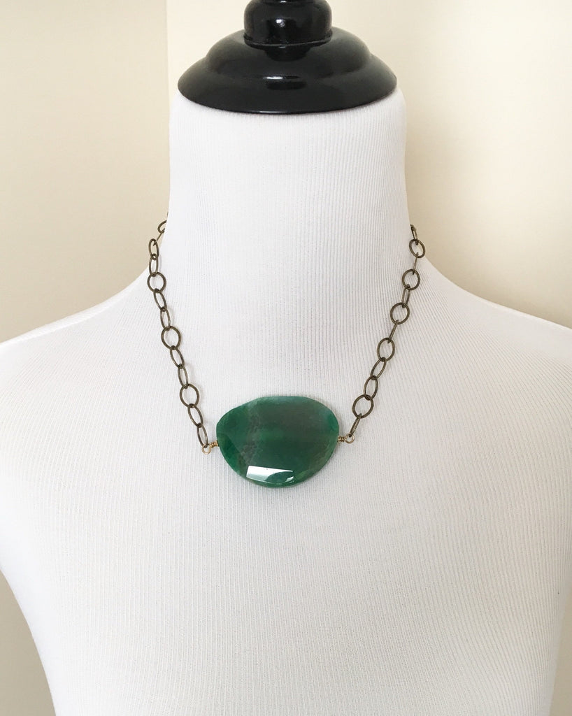 Mannequin wearing Sliced Green Agate Druzy Statement Necklace with Adjustable Chain