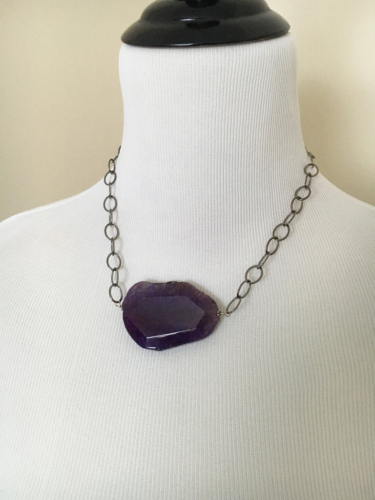 Mannequin wearing Purple Agate stone Statement Necklace with Adjustable Chain on gunmetal brass plated chain 